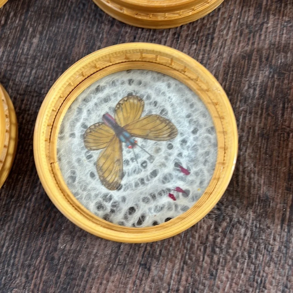 Vintage Bamboo Wicker Woven Coasters Butterfly Design Set of 6 Boho‎ Tiki Bar